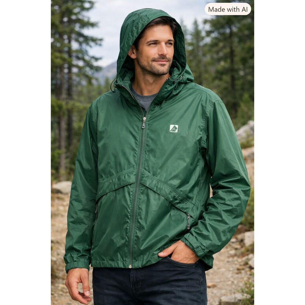 Red Ledge Mens XXL Green Hooded Rain Jacket Waterproof Full Zip Lightweight